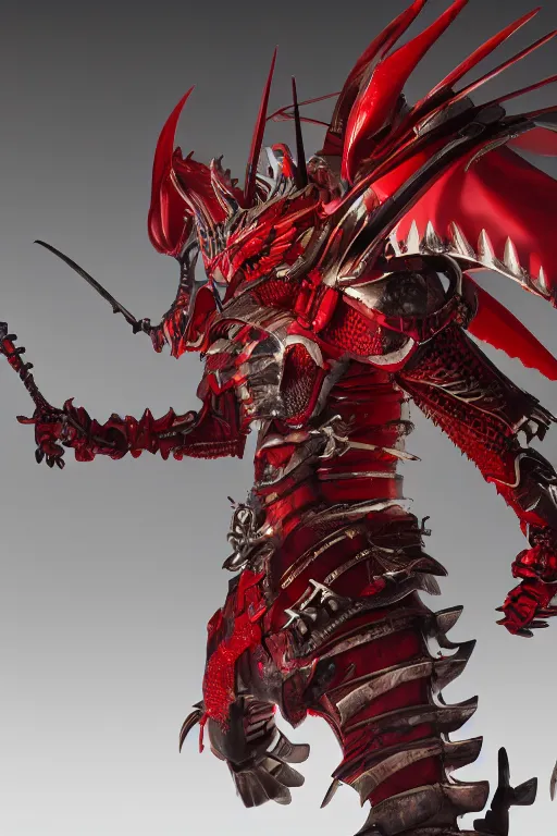 Image similar to a mechanical dragon samurai in red japanese armor, full body, photography, trending on artstation, high details, unreal engine 5, 8k, ultra realistic, wide angle