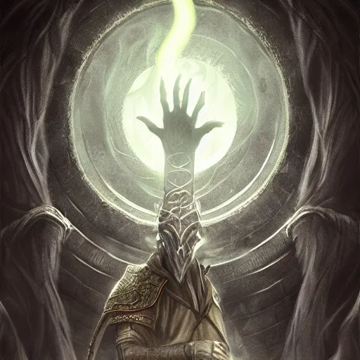 Image similar to A warlock casting an evil spell, dark fantasy, destruction, elden ring, dark souls, realistic, digital art, trending on artstation