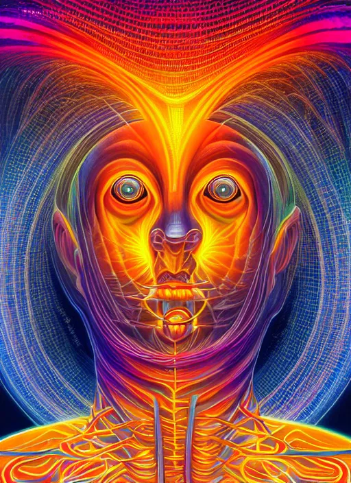 Image similar to humankind transcendence into collaborative intelligence, connectedness, body, ai, by alex grey, album cover, award winning, beautiful, colorful, volumetric lighting, trending on artstation