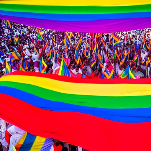 Image similar to photo of crowd of men with rainbow flags dancing at ( ( ( ( taj mahal ) ) ) ), cinematic color grading, soft light, faded colors, well framed, sharp focus, 8 k