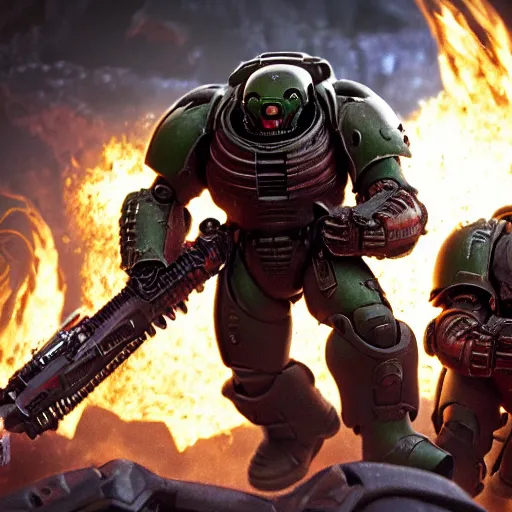 Image similar to Doom Guy vs Space Marine, HD, award winning, 8K cinematic, destruction, asymmetric ground, final battle, complex details, sharp focus, close up