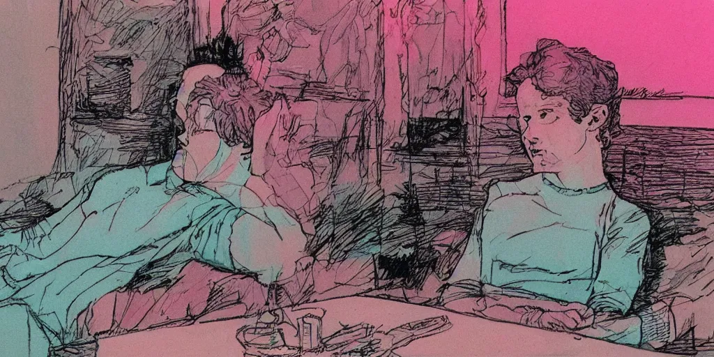 Prompt: a close - up grainy risograph, pastel colors painting of a scene from the requiem for a dream by moebius and lehr paul and kim jung gi