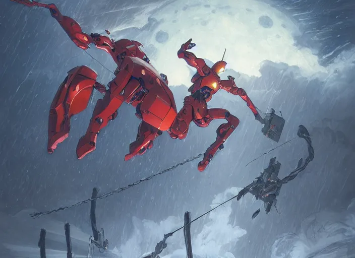 Prompt: giant evangelion attacking an encampment during a blizzard, highly detailed, digital illustration, artstation, concept art, matte, sharp focus, illustration, dramatic, full moon, art by artgerm and greg rutkowski and alphonse mucha