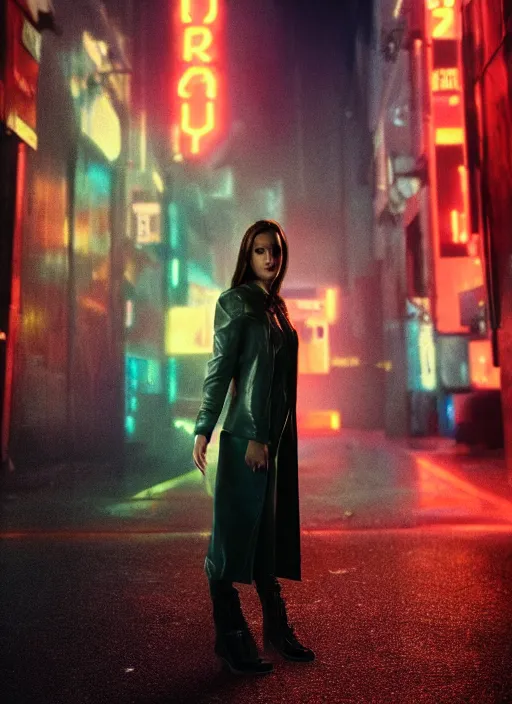 Image similar to A hyper realistic and detailed head portrait photography of young brunette female of Blade Runner 2049 on a futuristic street. by David Dubnitskiy. Neo noir style. Cinematic. neon lights glow in the background. Cinestill 800T film. Lens flare. Helios 44m