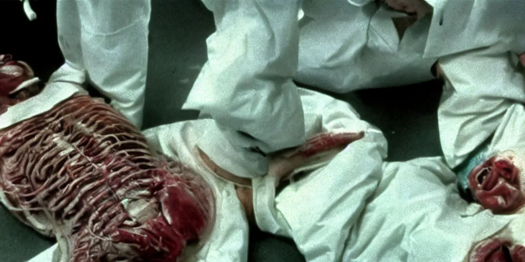 Image similar to filmic extreme wide shot dutch angle movie still 35mm film color photograph of a doctor's stomach sliced open, he is trying to hold his internal organs in place as they fall onto the floor in the style of a horror film The Thing 1982