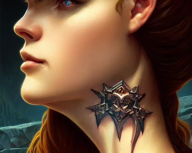 Image similar to neck tattoo, deep focus, d & d, fantasy, intricate, elegant, highly detailed, digital painting, artstation, concept art, matte, sharp focus, illustration, hearthstone, art by artgerm and greg rutkowski and alphonse mucha