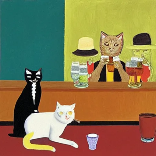 Prompt: three cats drinking beer in a bar, david hockney
