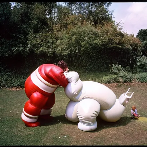 Prompt: a 3 5 mm photography, kodachrome colour, of grandpa fighting with white michelin man costume, riding a hippo, strange creatures and alien plants around, photos taken by martin parr - h 9 6 0 - w 1 0 8 8