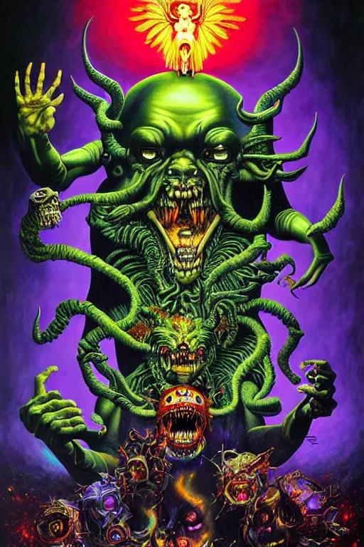 Image similar to a hyperrealistic painting of an epic boss fight against an ornate supreme telekinetic dark overlord, cinematic horror by chris cunningham, lisa frank, richard corben, highly detailed, vivid color,