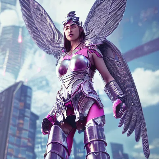 Prompt: woman valkyrie with pink metal wings, celtic and cyberpunk armor, cityscape, flying, high detail, sharp focus, silver cyber armor, flowers, digital painting, smooth render, octane render,