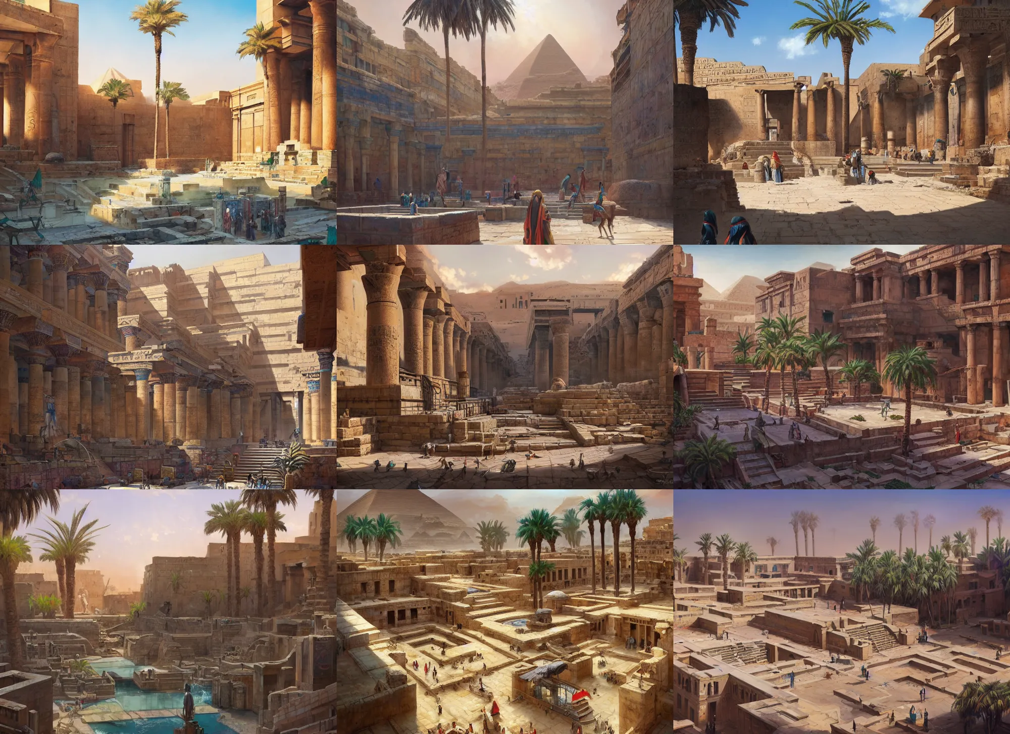 Prompt: A wide open courtyard in an epic, colorful ancient Egyptian city, anime, pyramids, palm trees, fountain, a fantasy digital painting by Greg Rutkowski and James Gurney, trending on Artstation, highly detailed