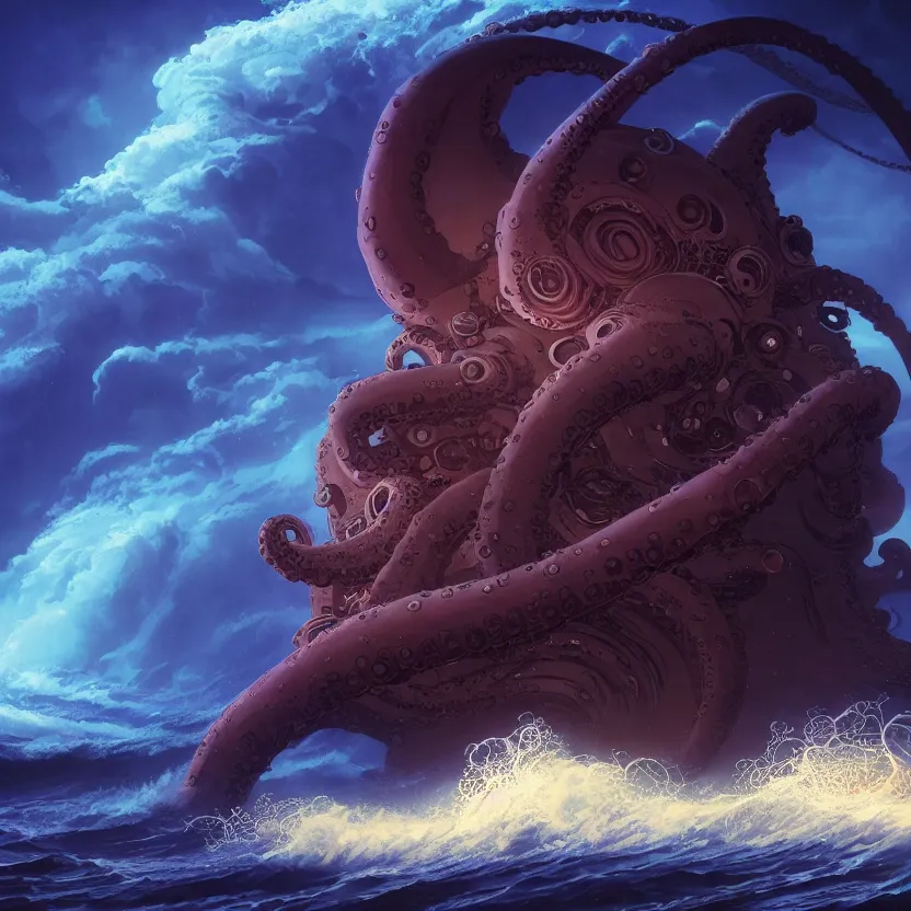 Prompt: treasure planet, giant octopus monster in a stormy sea with huge waves, huge tentacles, clouds, stars, rings, beautiful lighting, vivid colors, intricate, elegant, smooth, concept art, cinematic, unreal engine, wallpaper, by syd mead, terada katsuya, atey ghailan, svetlin velinov, makoto shinkai art style