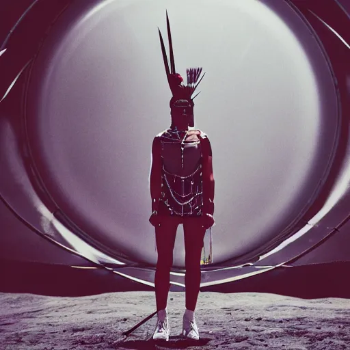 Image similar to portrait of iroquois warrior standing in front of a space ship command center, fashion editorial photography, waist up, low angle