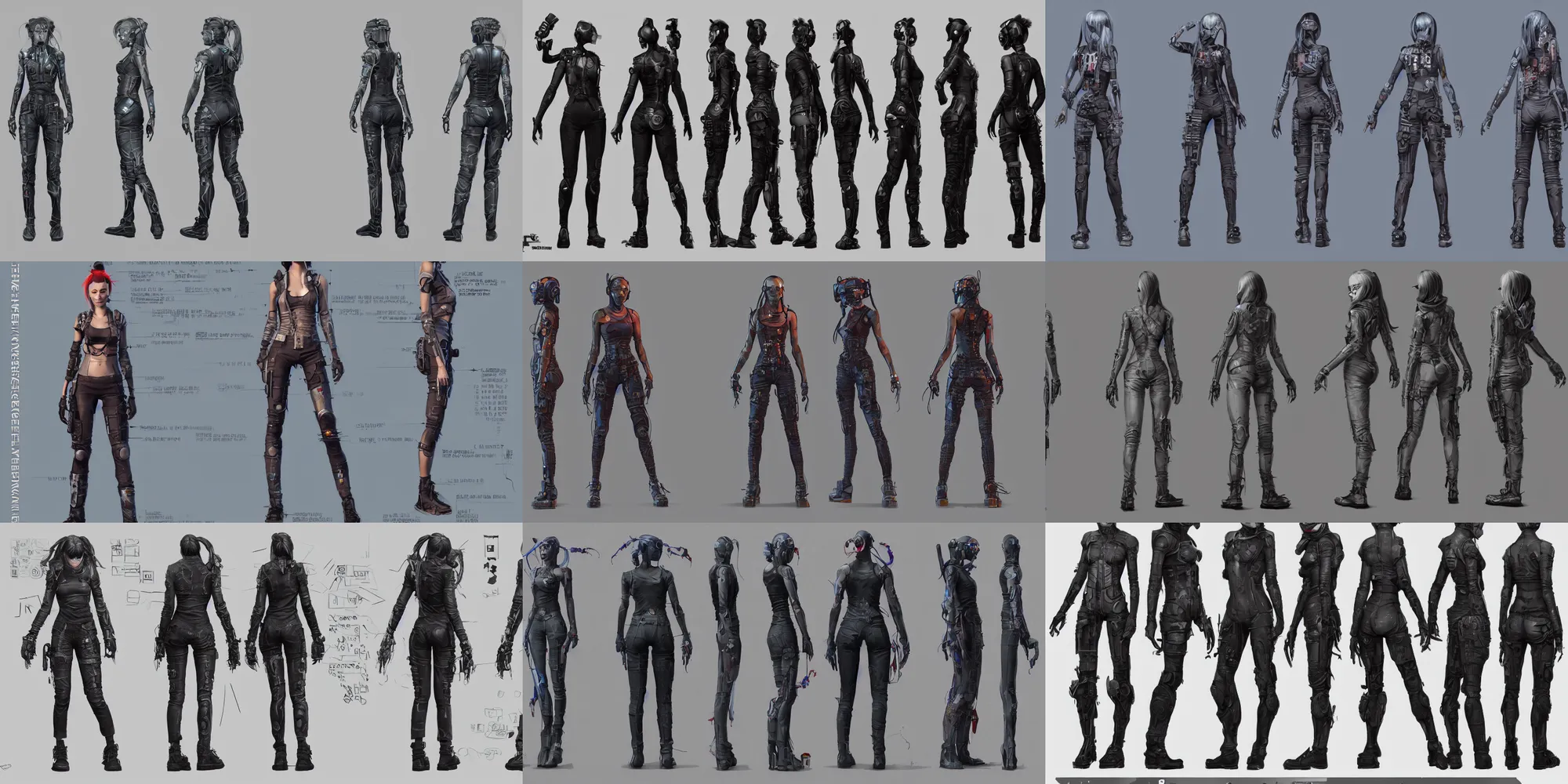 Prompt: character sheet of badass cyberpunk girl, james jean, riot games, 3 d, unreal engine 5, trending on artstation, by steven stahlberg and weta digital and james jean and shepard fairey, by michelangelo and raphael, by dean ellis and maciej rebisz, by alejandro burdisio and nicolas sparth, by john seru and simon stalenhag