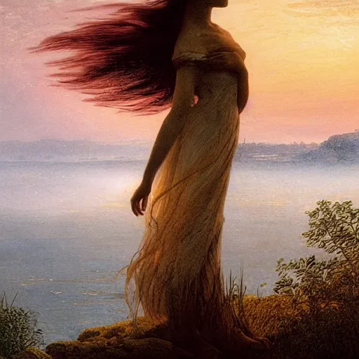 Image similar to young beautiful woman by the lake, hair waving in the wind, sunset, high detail, dramatic light, digital art, chiaroscuro, dark, painted by caspar david friedrich