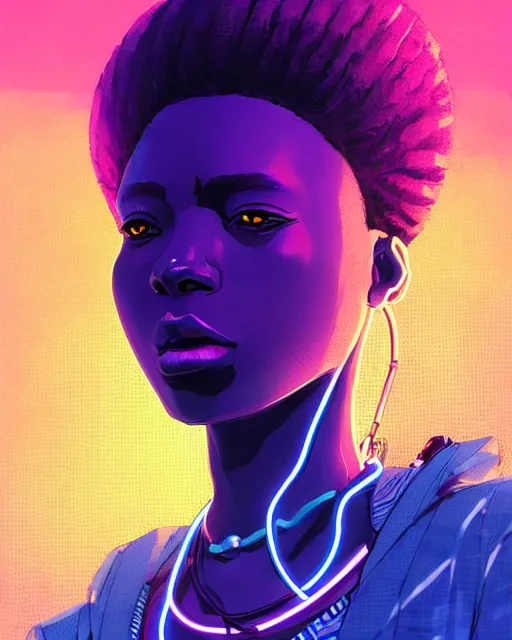 Image similar to kyoto animation, cool african lady wearing cyberpunk intricate warcore, neon lighting tubes, beautiful, detailed portrait, cell shaded, 4 k, concept art, by wlop, ilya kuvshinov, artgerm, krenz cushart, greg rutkowski, pixiv. cinematic dramatic atmosphere, sharp focus, volumetric lighting, cinematic lighting, studio quality