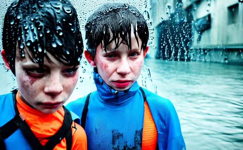 Prompt: cinestill 5 0 d candid photographic portrait by helen levitt of two cyborg kids wearing rugged neon blue mesh techwear in treacherous waters, extreme closeup, modern cyberpunk moody depressing cinematic, pouring rain, dystopian atmosphere, 8 k, hd, high resolution, 3 5 mm, f / 3 2, ultra realistic faces, ex machina