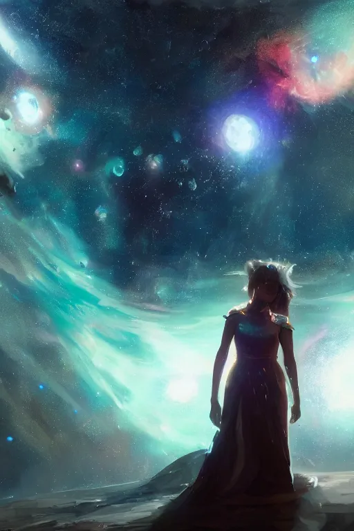 Image similar to a woman, wearing a dress made of stars and nebulae, dramatic, volumetric lighting, planets in the background, smooth, sharp focus, very detailed, by greg rutkowski, artstation, tom badshaw, 8 k, symmetrical face