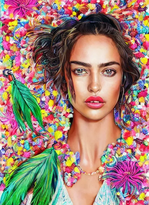 Prompt: beautiful portrait of Irina Shayk wearing fantastic Hand-dyed cotton dress,embellished beaded feather decorative fringe knots ,colorful pigtail,subtropical flowers and plants,symmetrical face,intricate,elegant,highly detailed,8k,post-processing,digital painting,trending on pinterest,harper's bazaar,concept art, sharp focus, illustration, by artgerm,Tom Bagshaw,Lawrence Alma-Tadema,greg rutkowski,alphonse Mucha