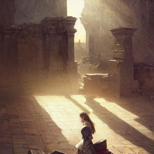 Image similar to half portait of magican wearing a closed cowl and big old book! chained to the wrist, jeremy mann, jean - leon gerome, tiepolo, alphonse mucha, greg rutkowski, face in the shadows, ( ( ruins of ancient rome ) ), at dusk, mysterious atmosphere, sunrays, dof, high detailed, 8 k