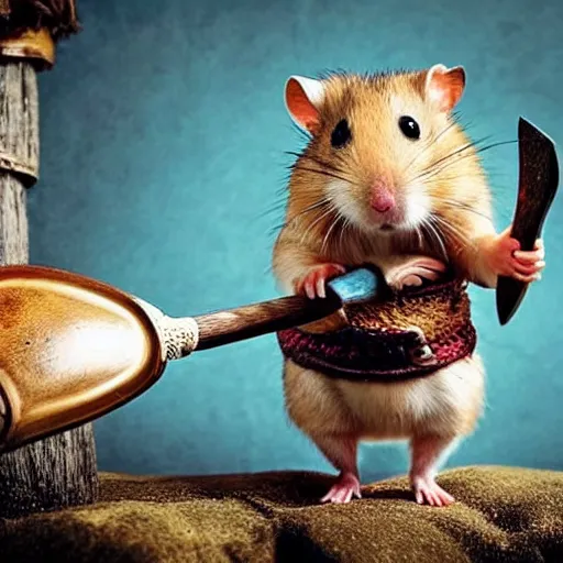 Prompt: a hamster in a viking costume with an axe and a helmet