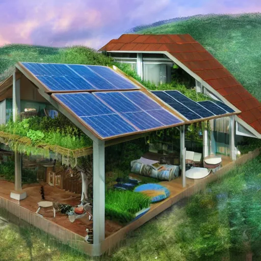 Prompt: eco village, solarpunk embodies an optimism towards the future that our society needs with solarroofs, solarpunk style