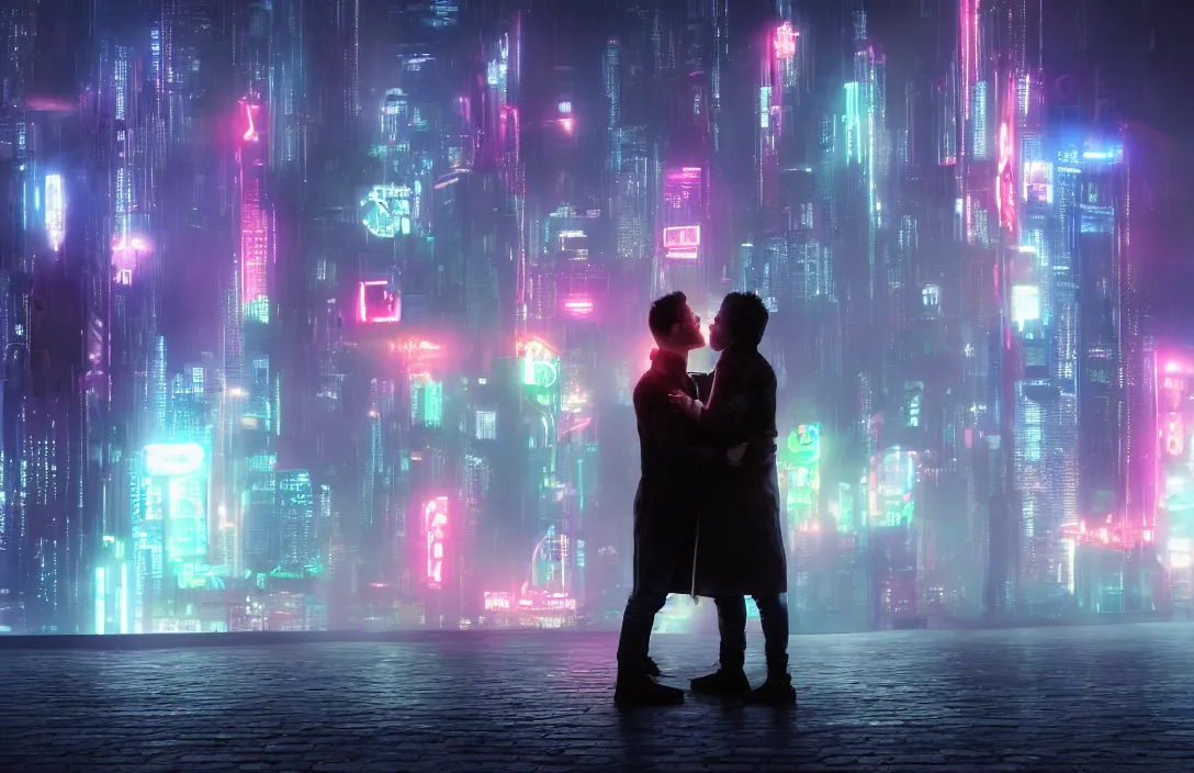 Image similar to men kissing in front of a foggy view of cyberpunk style future city, neon lights, a hyper realistic professional photographic view,very beautiful scenery, very realistic painting effect, hd, hdr, cinematic 4k wallpaper, 8k, ultra detailed, high resolution,