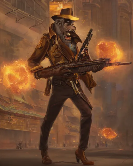 Image similar to oil painting of Anthropomorphized Monkey Sniper, holding steampunk gun, sharp focus, exploding golden steampunk city background, full body, heroic pose, fantasy style, octane render, volumetric lighting, 8k high definition, by greg rutkowski, highly detailed, trending on art Station, magic the gathering artwork, centered, dramatic artwork, combat scene