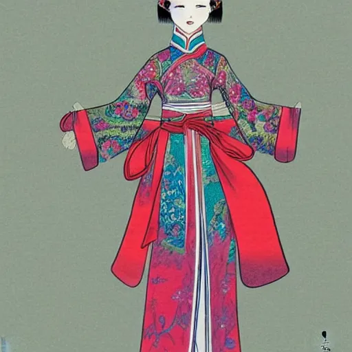 Prompt: woman wearing traditional Chinese clothing drawn by Lim Chuan Shin