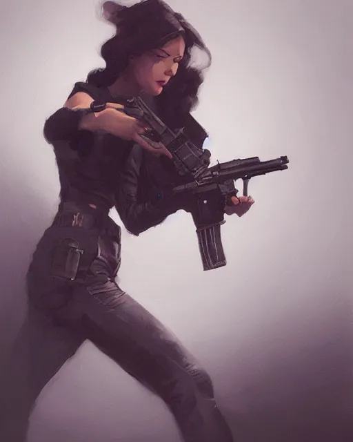 Prompt: Hyper realistic painting of a girl holding a gun, noir, hyper detailed, by greg rutkowski, trending on artstation