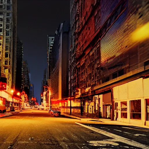 Image similar to color photograph, highly detailed abandoned New York city street at night after the war between humans and AIs, natural light, film grain, soft vignette, sigma 85mm f/1.4 1/10 sec shutter, film still promotional image, IMAX 70mm footage