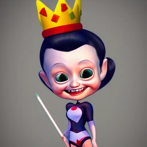 Prompt: baby harley queen caricature playing with a magic wand, full body, big head, large smile, pixar style, 4 k trending on artstation