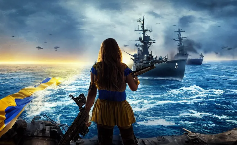 Prompt: view from behind of a girl in national clothes with blue and yellow stripes in her beautiful hair and a huge realistic rifle in her hands standing against and facing a huge realistic detailed Russian warship on the horizon, and she is ready to fight, left side is empty sea, concept art, сinematic lighting, insanely detailed, smooth, sharp focus, Artstation, 8k, unreal engine, hyper realistic, steampunk style, bright background, moonlight, volumetric lighting, digital illustration by Ruan Jia and Mandy Jurgens and Artgerm and Wayne Barlowe and Greg Rutkowski and Zdislav Beksinski