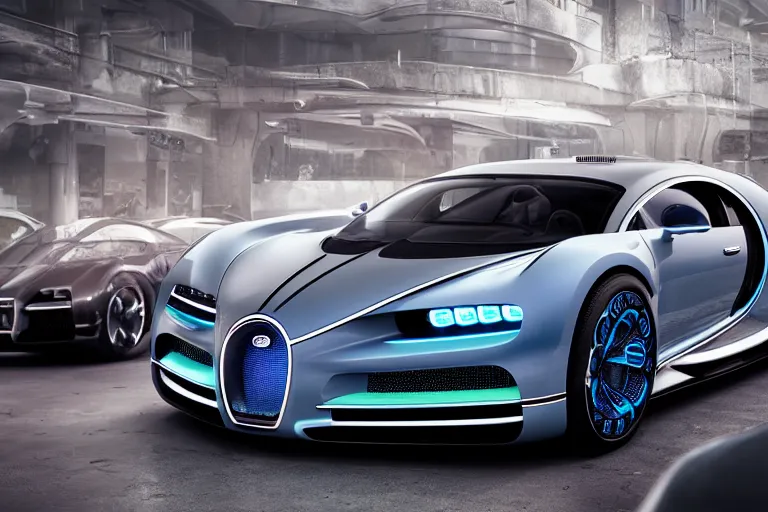 Image similar to Futuristic and streamlined luxury car, Bugatti Chiron merged with Rolls Royce Phantom, driving across dystopian cyberpunk landscape, futuristic car concept, concept car design, telephoto lens, low shot camera angle, Octane render, VRay, 3D rendering, automobile design