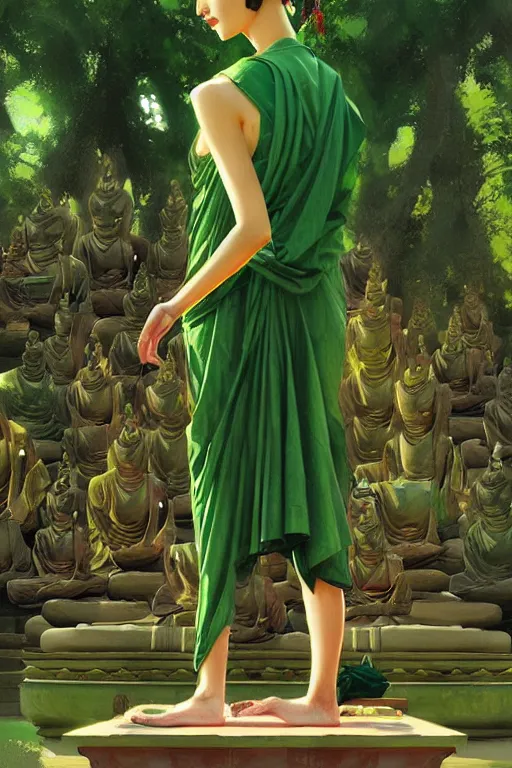 Prompt: buddhism, temple, green clothes, painting by greg rutkowski, j. c. leyendecker, artgerm