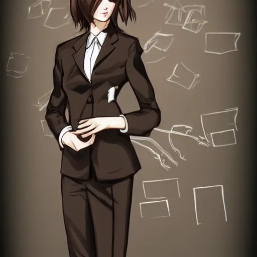 Prompt: woman in black business suit, light brown neat hair, pixiv, fanbox, trending on artstation, portrait, digital art, modern, sleek, highly detailed, formal, serious, determined, lawyer, colorized, smooth, charming, prett