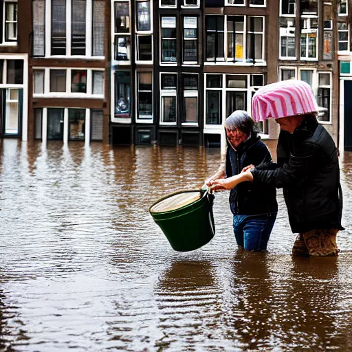 Image similar to closeup potrait of Dutch people with buckets in a flood in Amsterdam, photograph, natural light, sharp, detailed face, magazine, press, photo, Steve McCurry, David Lazar, Canon, Nikon, focus