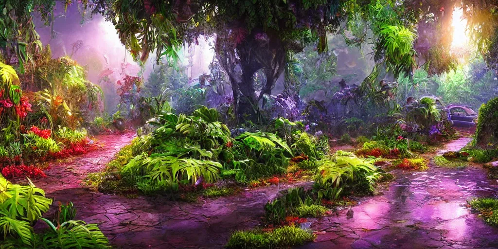 Image similar to An alien jungle, colorful flowers, pathway, reflection, rain, morning light, photorealistic, realistic, high definition, soft light, high definition, detailed, 8k, artstation