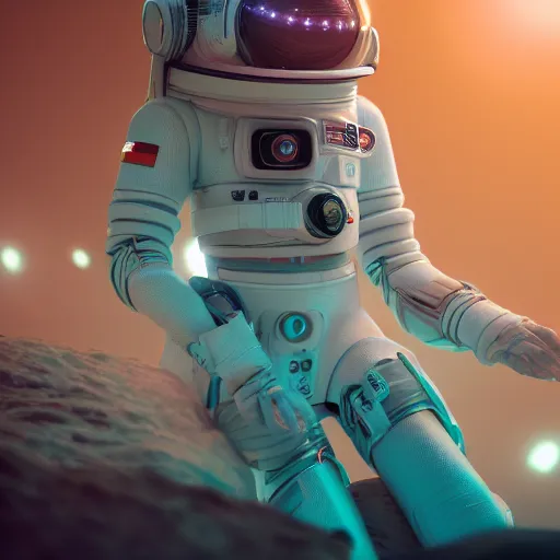 Image similar to photography of a white futuristic space engineer, in an colorful alien planet, ultra detail, beautiful light, high detail, 8 k, f / 2. 8, octane render