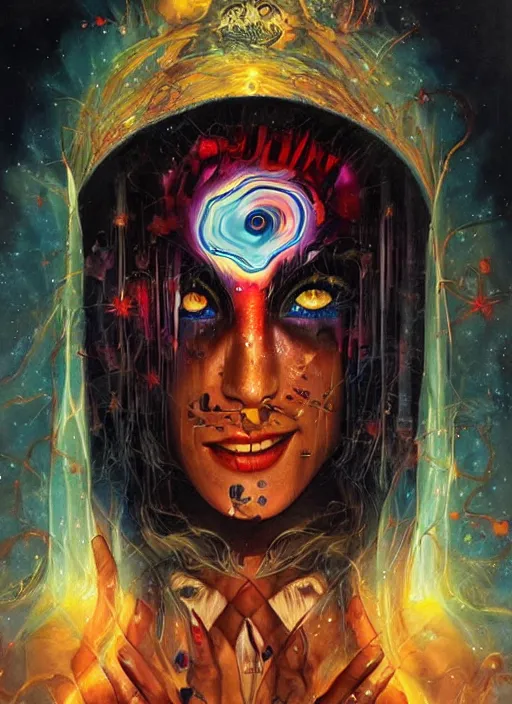 Image similar to gorgeous magic cult psychic woman smiling, third eye, energetic consciousness psychedelic, epic surrealism expressionism symbolism, story telling, iconic, dark robed, oil painting, symmetrical face, dark myth mythos, by Sandra Chevrier , Bruce Pennington, masterpiece