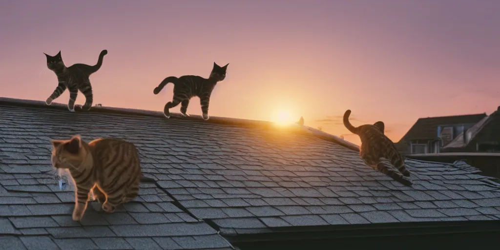 Prompt: cats running on rooftops during sunset