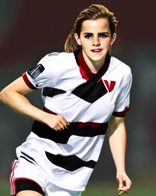 Image similar to a portrait of emma watson as a lokomotiv football player, hyper realistic