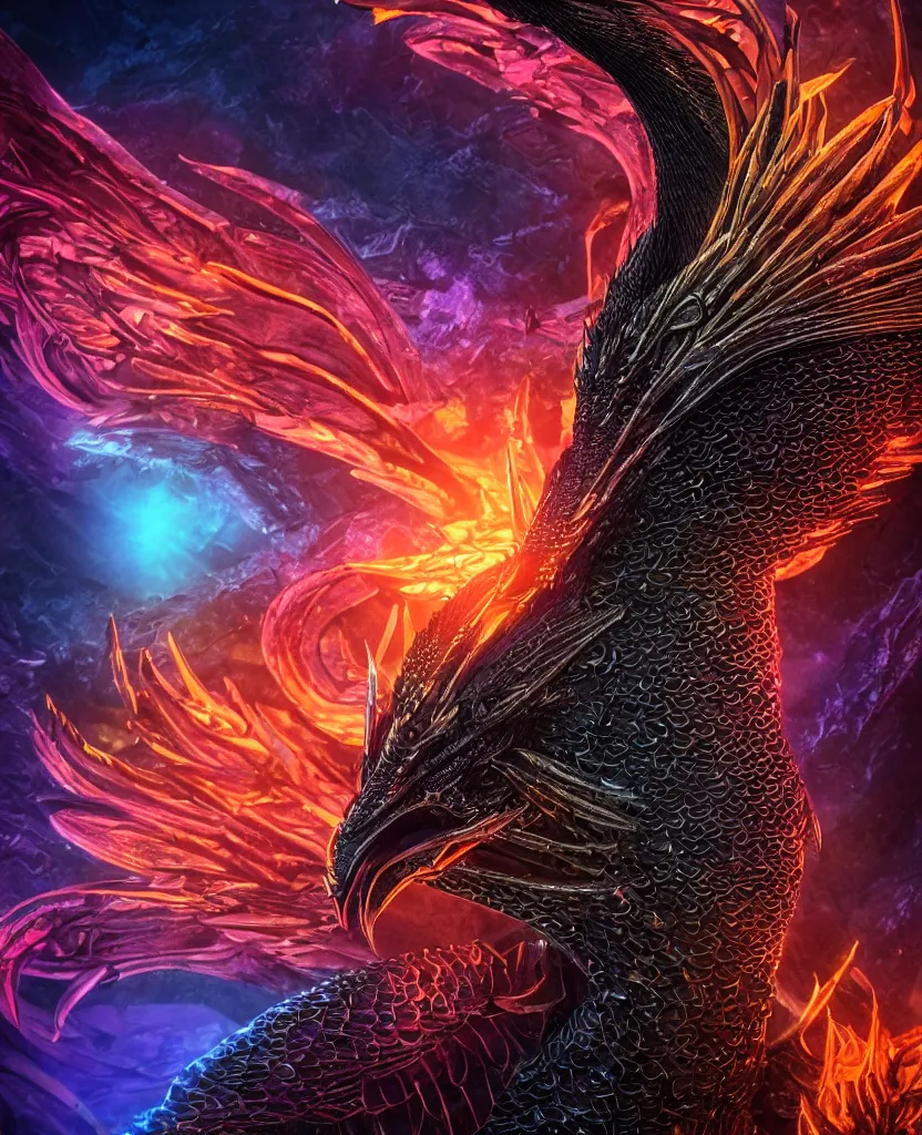 Image similar to close-up macro portrait of the dark queen, epic angle, epic pose, symmetrical artwork, photorealistic, iridescent, 3d with depth of field, blurred background. cybernetic phoenix bird, translucent dragon, nautilus. energy flows of water and fire. a highly detailed epic cinematic concept art CG render. made in Maya, Blender and Photoshop, octane render, excellent composition, cinematic dystopian brutalist atmosphere, dynamic dramatic cinematic lighting, aesthetic, very inspirational, arthouse