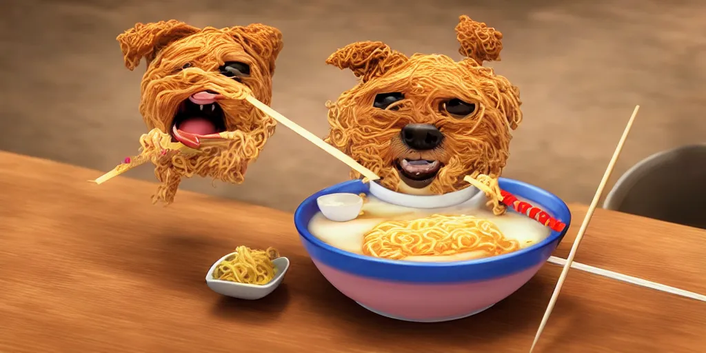 Image similar to A happy dog holding chopsticks and eating a bowl of ramen, hyper realistic, insane detail, Pixar