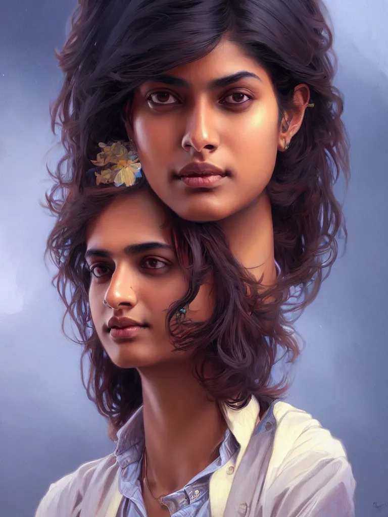 Image similar to Anxious pretty young Indian doctor wearing jeans leaving a plane, portrait, sci-fi face, elegant, highly detailed, digital painting, artstation, concept art, smooth, sharp focus, illustration, art by artgerm and greg rutkowski and alphonse mucha