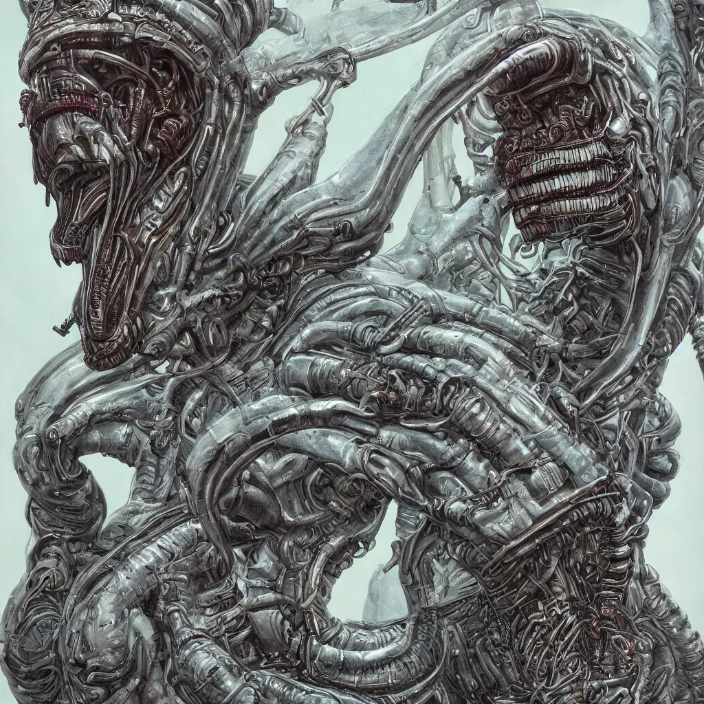 Prompt: a portrait of a biomech xenomorph human, 80s, air brush style, science fantasy, symmetry accurate features, very intricate details, artstation, jim bush, vincent di fate