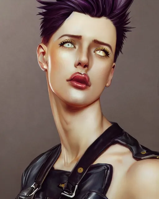 Image similar to a portrait of a beautiful androgynous punk girl with short hair and beautiful eyes, beautiful face, wearing tall combat boots, who is a mechanic wearing baggy leather overalls, digital concept art, detailed digital painting, by j. c. leyendecker and edward blair leighton and charlie bowater, trending on artstation