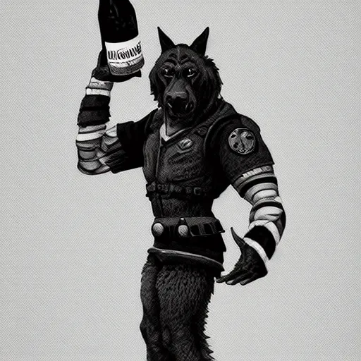 Prompt: a humanoid german shepherd beast - man in soccer style, holding a bottle of beer, artstation, concept art, smooth, sharp foccus ilustration, artstation