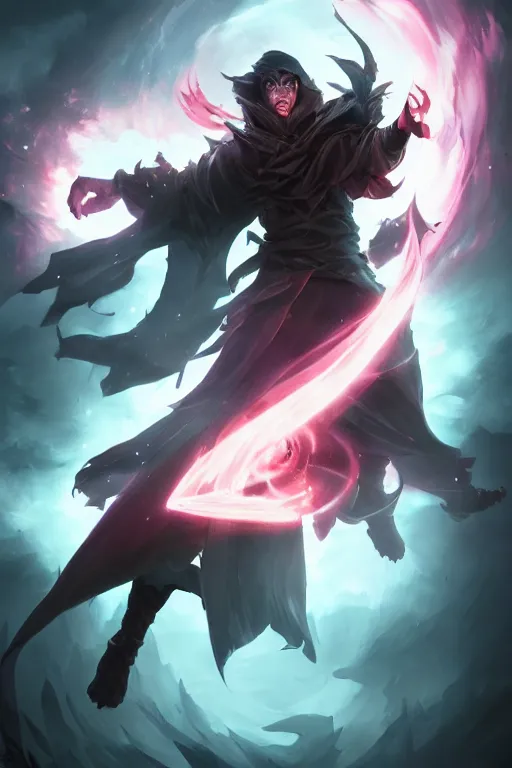 Prompt: an evil mage in a fighting pose casting a dark spell, character splash art, dynamic, action pose, digital painting, WLOP, trending on artstation, 8k, epic composition, highly detailed, sharp focus
