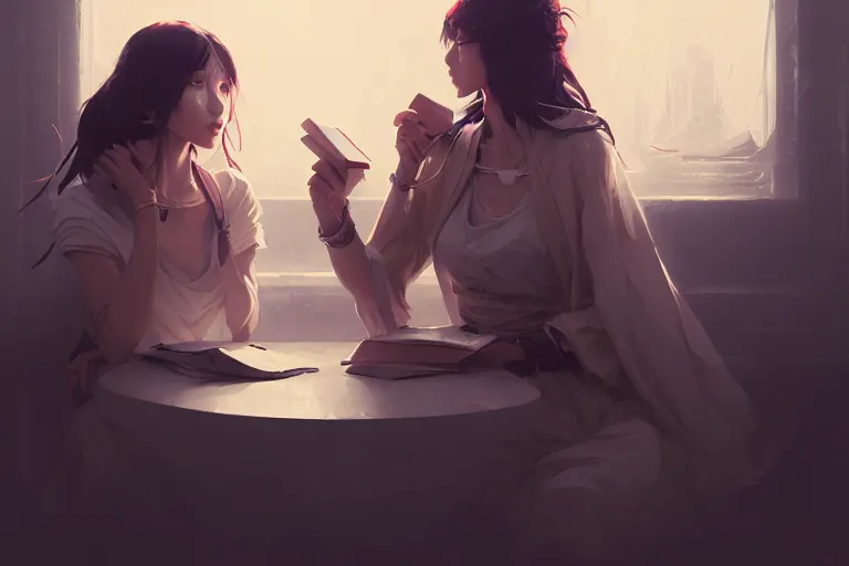Image similar to portrait of two wise and very beautiful women discussing some texts, art by guweiz and greg rutkowski, intricate, elegant, highly detailed, smooth, sharp focus, artstation